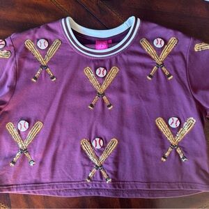 QUEEN OF SPARKLES Maroon Tee with Baseball Bat Embroidery